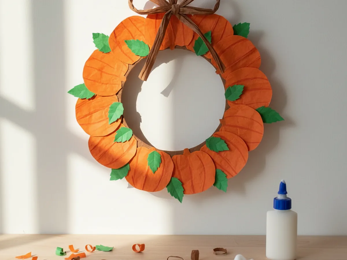 A handmade fall wreath made from many small orange construction paper pumpkins glued around a brown paper ring with green paper leaves tucked between them