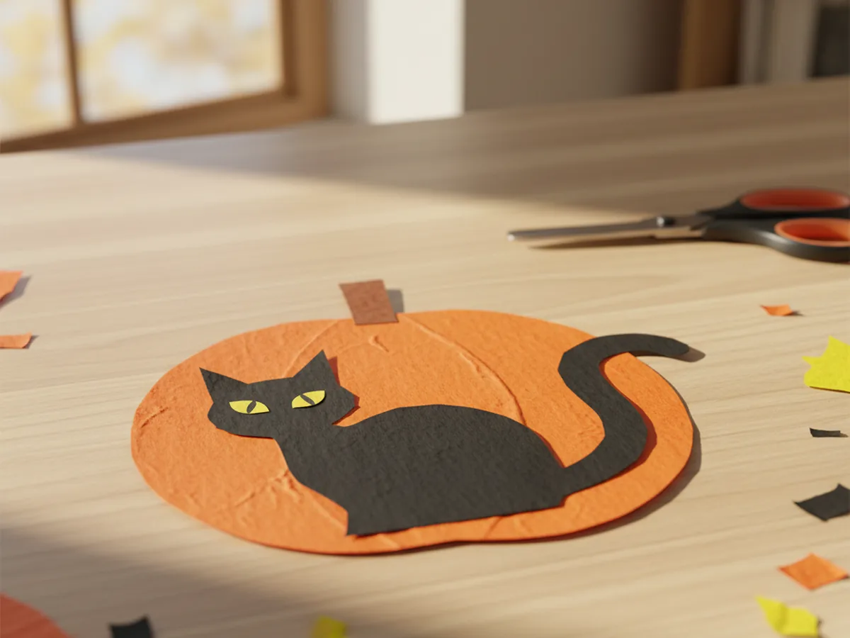 A handmade construction paper craft with a small black paper cat silhouette curled on top of a large orange paper pumpkin with tiny yellow eyes and pointy ears