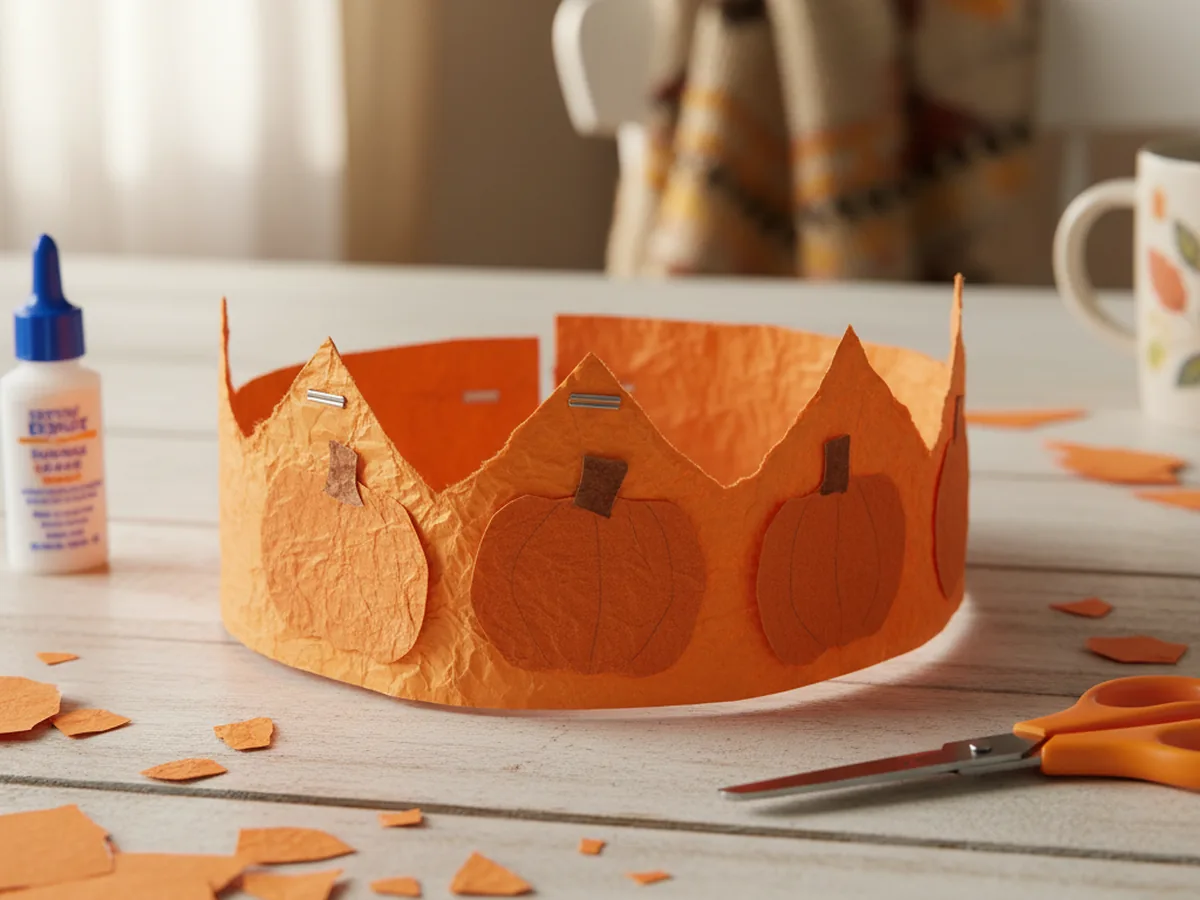 A handmade orange construction paper crown with five small paper pumpkin shapes glued along the front band like jewels on a craft table