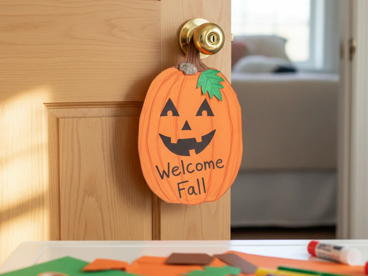 A handmade orange construction paper pumpkin door hanger with a hole at the top fitting over a doorknob, decorated with a brown stem, green leaf, jack-o-lantern face, and the words Welcome Fall
