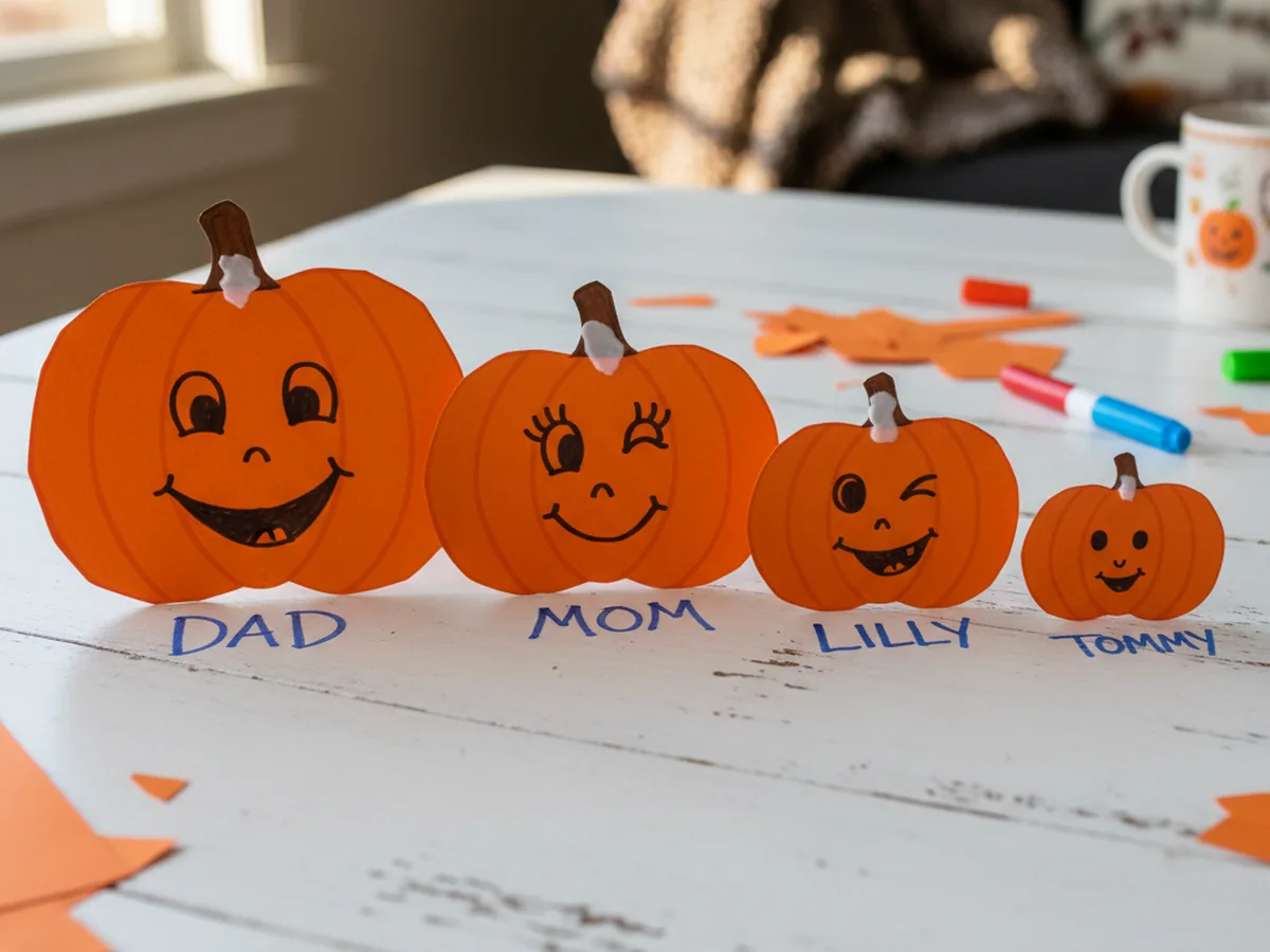 A handmade construction paper pumpkin family portrait with four orange paper pumpkins of graduated sizes, each with a different drawn face and name underneath