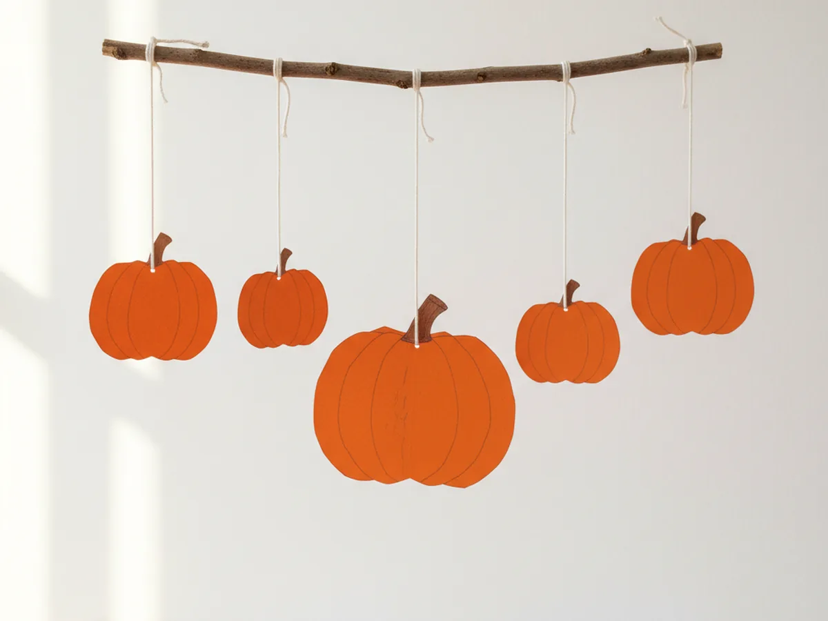 A handmade hanging pumpkin mobile with six small orange construction paper pumpkin shapes tied at different heights from strings attached to a small wooden twig