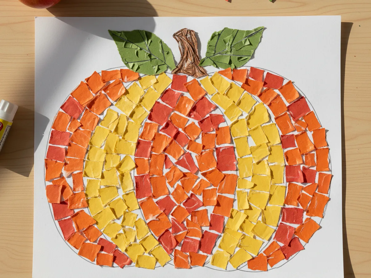 A handmade pumpkin mosaic made from torn orange, yellow, and red construction paper pieces glued inside a large pumpkin outline with a brown stem and torn green leaves
