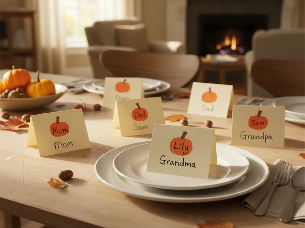 Several handmade folded cream construction paper place cards each decorated with a small orange paper pumpkin and a guest name written in marker on a Thanksgiving table