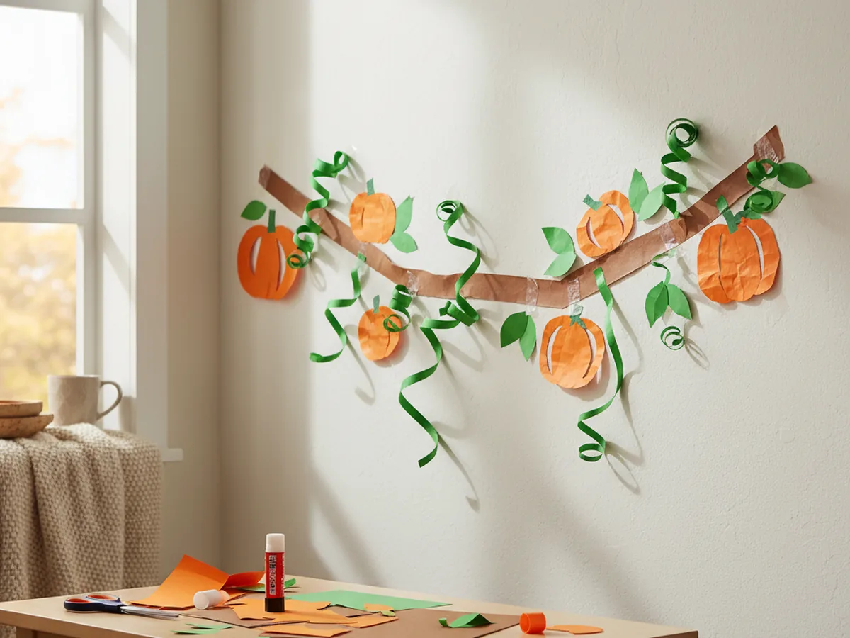 A handmade pumpkin vine wall mural with a brown construction paper vine, curling green paper tendrils, orange paper pumpkin shapes of different sizes, and green paper leaves taped along a wall