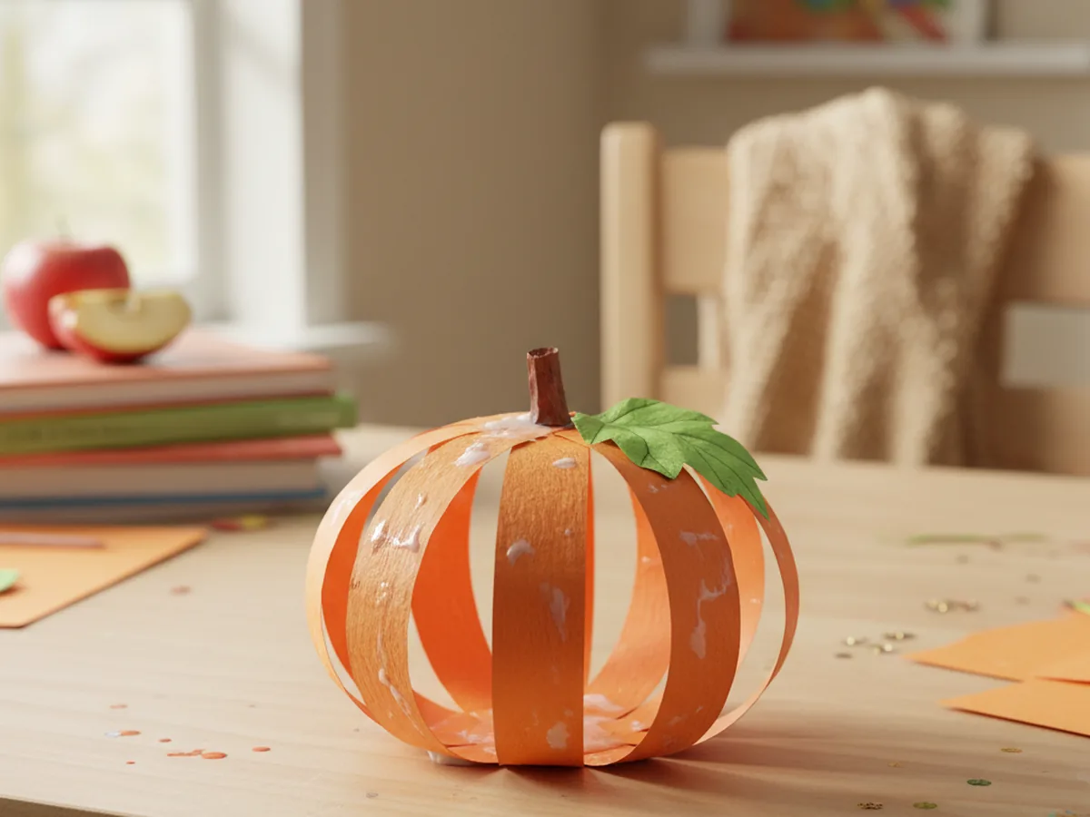 A handmade 3D pumpkin made from orange construction paper strips fanned into a round shape with a brown stem and green paper leaf on top