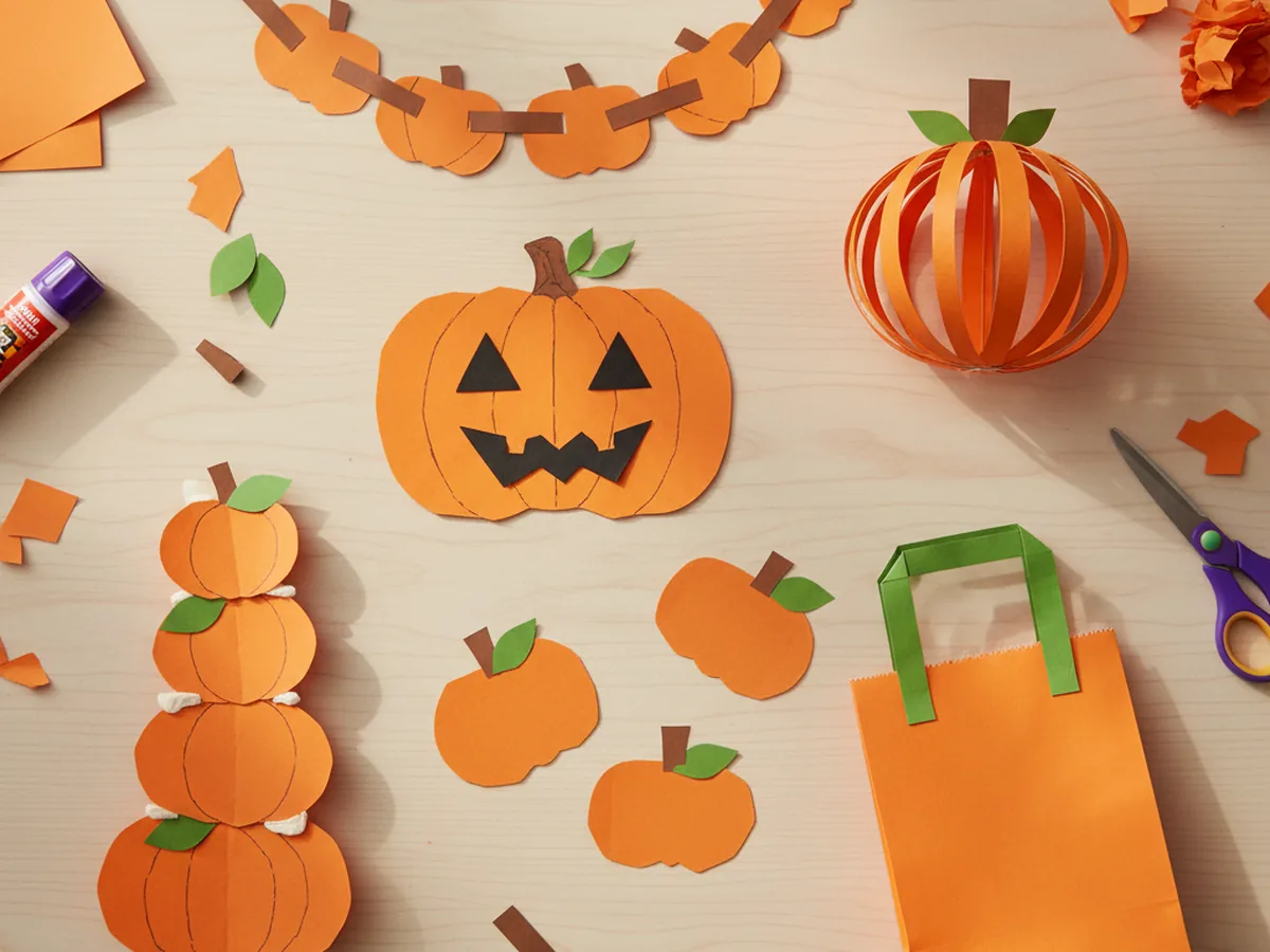 A flat lay of handmade pumpkin construction paper crafts including a jack-o-lantern, a paper pumpkin garland, a 3D loop pumpkin, a pumpkin treat bag, and pumpkin place cards on a cozy autumn craft table