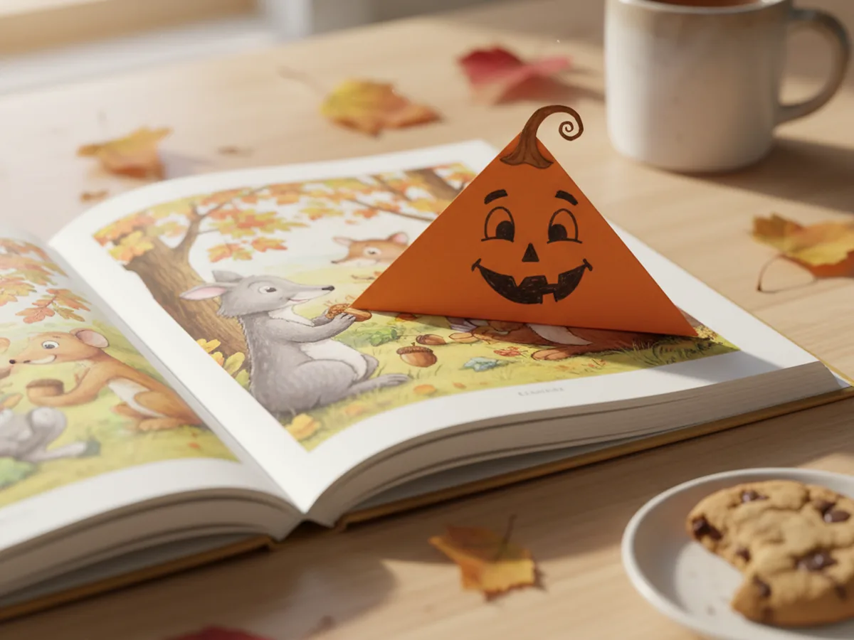 A handmade orange construction paper pumpkin corner bookmark with a friendly jack-o-lantern face and a brown paper stem slipped over the corner of an open book