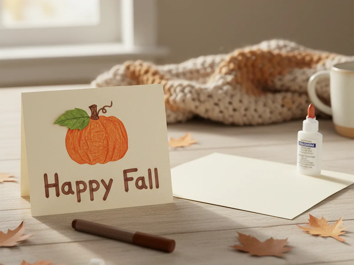 A handmade folded cream construction paper greeting card with a small orange paper pumpkin, brown stem, and green leaf on the front and the words Happy Fall written below