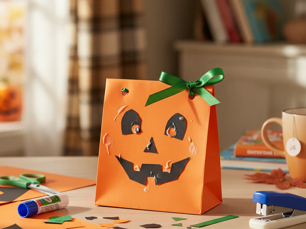 A handmade orange construction paper pumpkin trick-or-treat bag with a black paper jack-o-lantern face on the front and a green ribbon handle