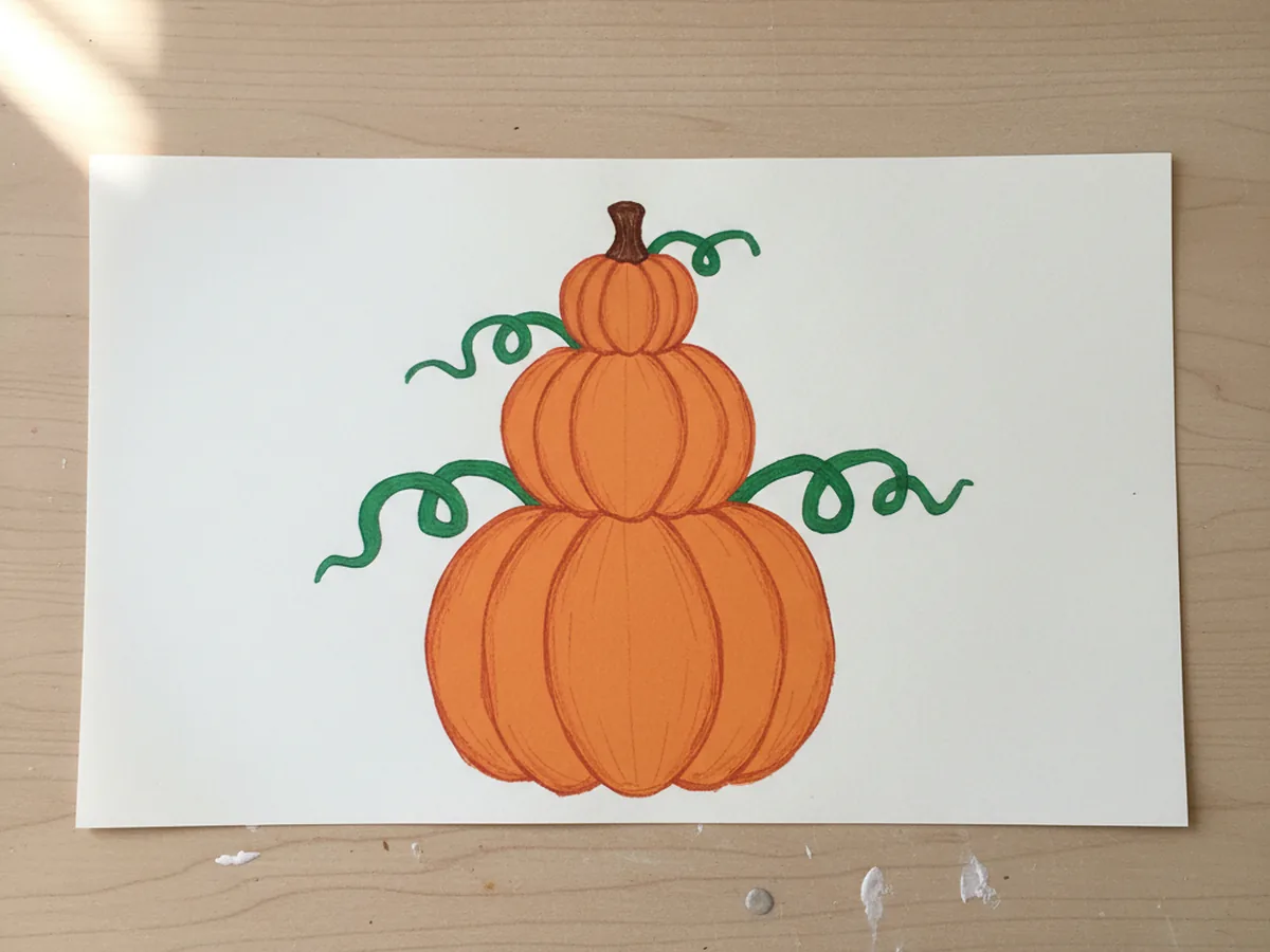 A handmade construction paper stacked pumpkin tower with three orange paper pumpkins in graduated sizes from large to small with a brown stem on top and curling green vines on the sides