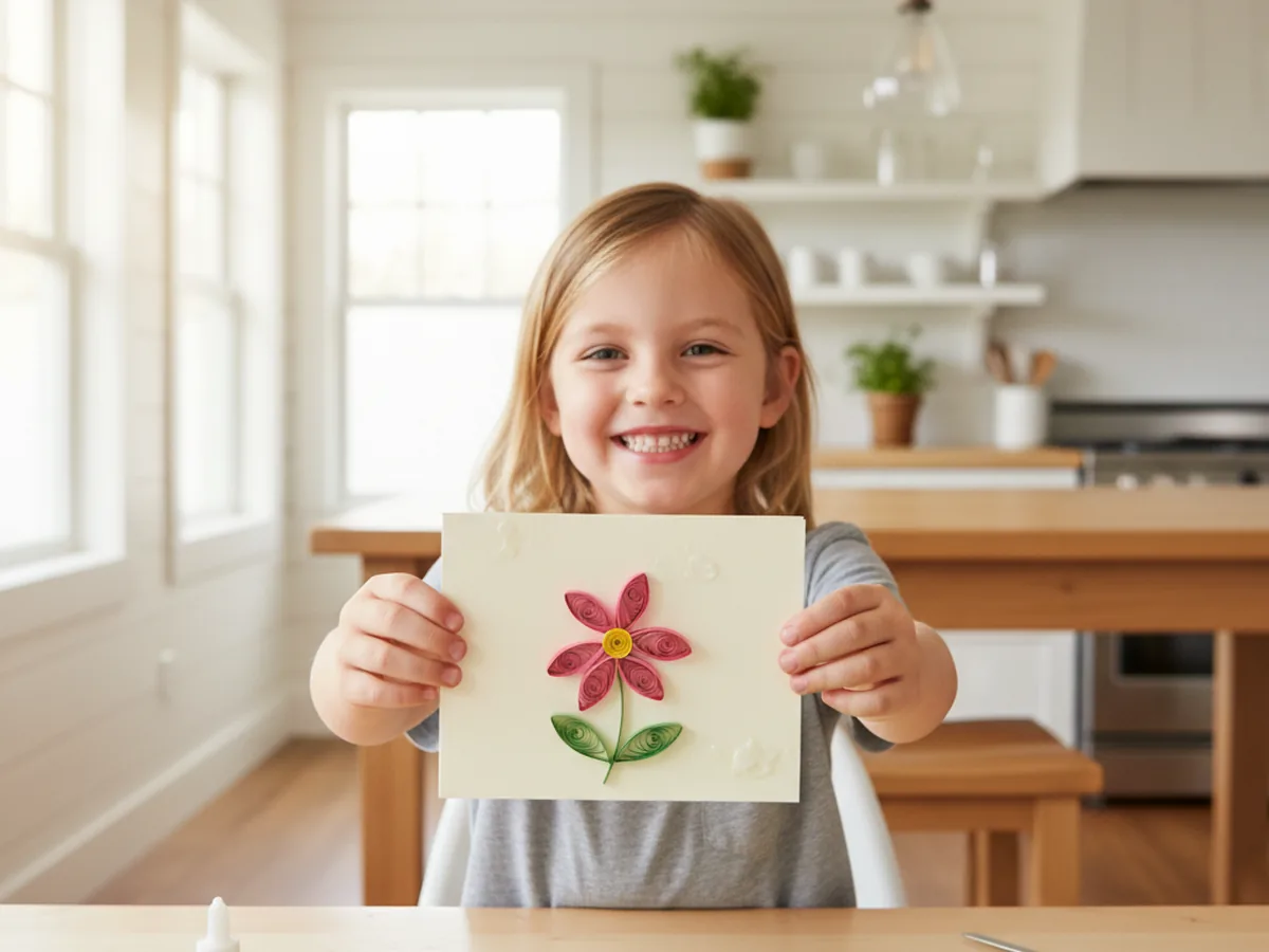 A small smiling child holding up a finished handmade quilling paper craft flower card with a pink five petal flower with a yellow center and two green leaves on a white folded greeting card