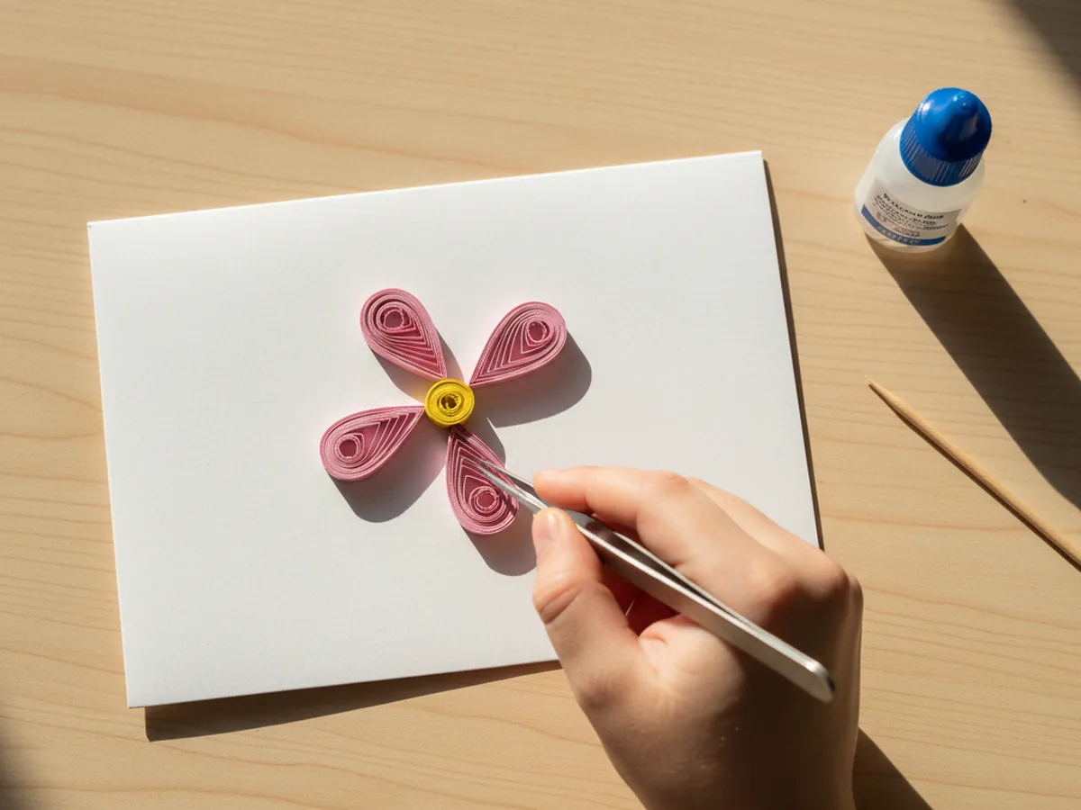 A child's hand using small fine tip tweezers to place a pink teardrop quilling petal onto a white folded card with three other petals already glued in place around a small yellow center coil