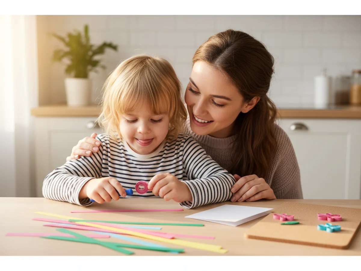 A mom and a young child sitting together at a craft table working on a quilling paper craft, smiling as the child rolls a pink paper strip on a slotted quilling tool with assorted colorful quilling strips spread out in front of them