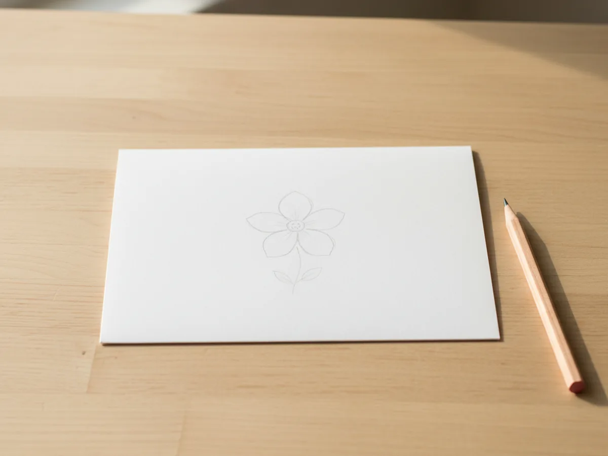 A blank white folded greeting card lying flat on a craft table with a very light pencil sketch of a five petal flower with a small center circle and two leaves at the bottom, and a sharpened pencil resting beside it