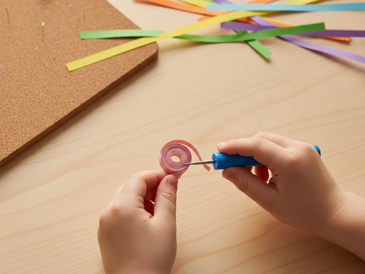 A child's hands rolling a thin pink quilling paper strip on a blue handled slotted quilling tool, with the strip neatly wrapping into a small spiral, on a light wood craft table