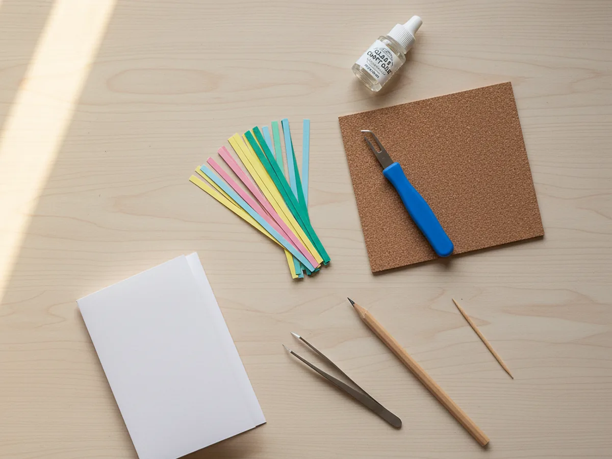 A flat lay of quilling paper craft supplies on a light wood table including assorted thin paper strips in pink, yellow, blue, and green, a blue handled slotted quilling tool, a cork board, a small bottle of clear glue, fine point tweezers, and a folded white blank card