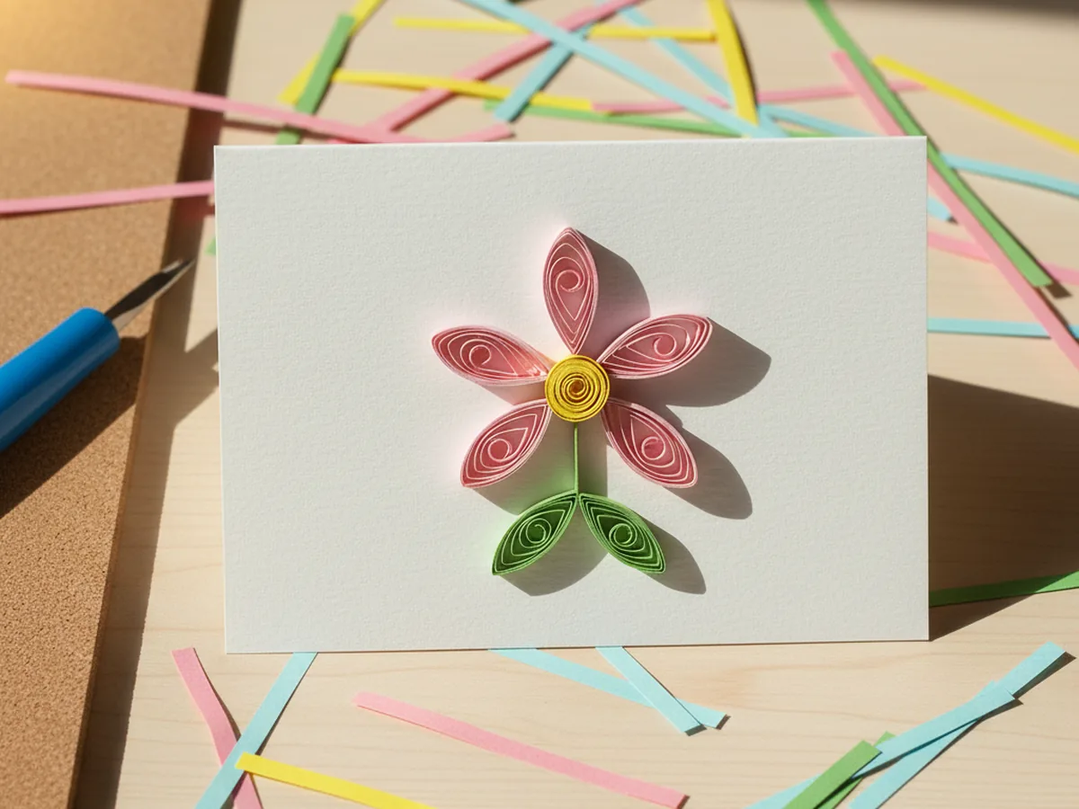 Finished quilling paper craft flower card with a five petal pink and yellow paper coil flower with green leaves on a white blank greeting card, sitting on a light wood craft table with assorted colored quilling strips nearby