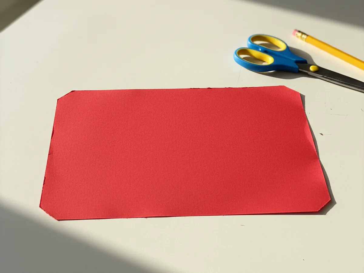 A bright red cardstock rectangle measuring about eight by six inches freshly cut and lying flat on a white craft table next to a pair of kid scissors and a pencil, ready to become the body of a paper radio craft