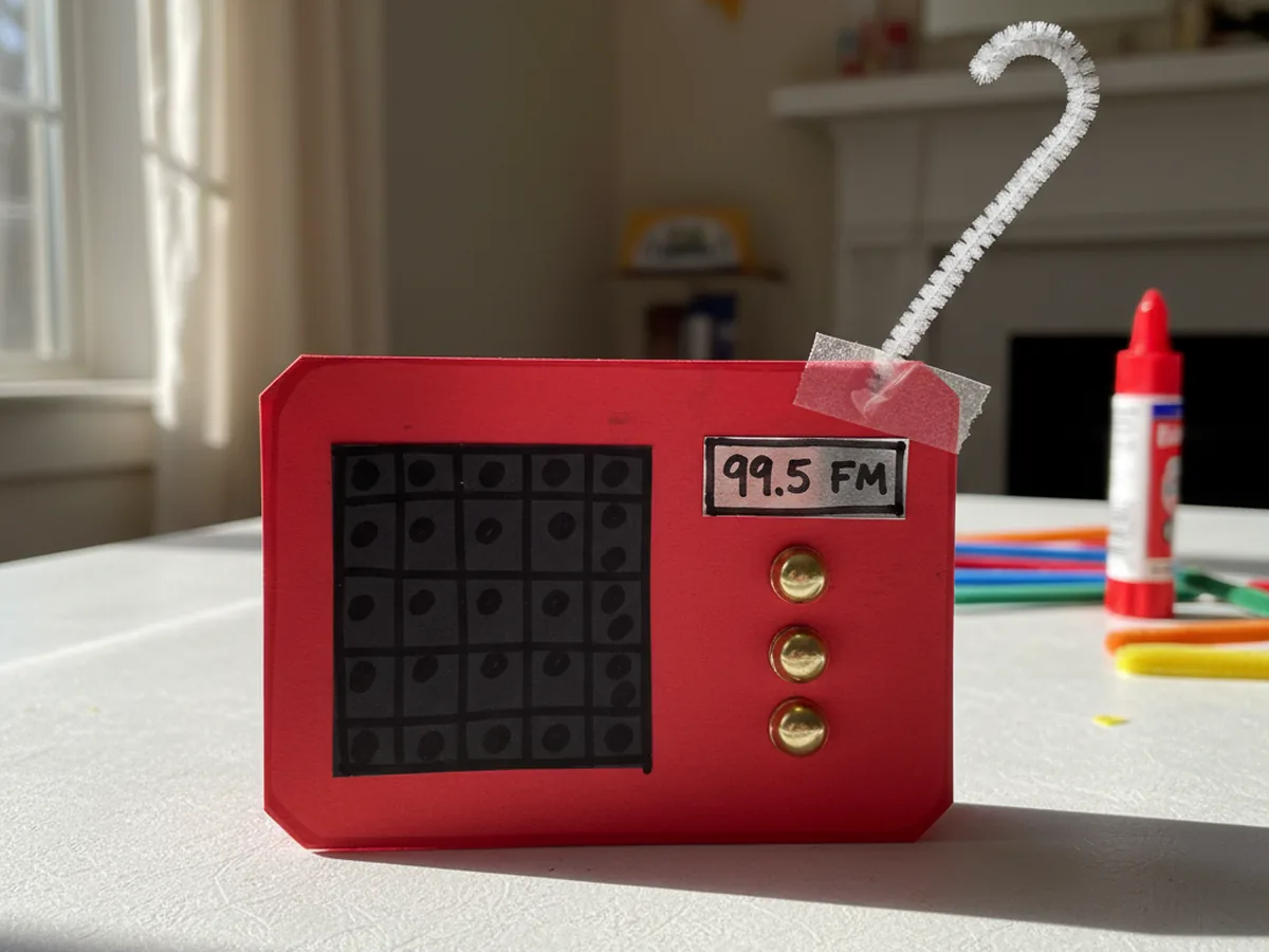 The completely finished radio paper craft standing upright on a white craft table, showing the red body, black dotted speaker grille on the left, silver 99.5 FM frequency display on top right, three gold brass brad knobs vertically aligned on the right side, and a silver pipe cleaner antenna gently curved and taped to stick up from the top corner