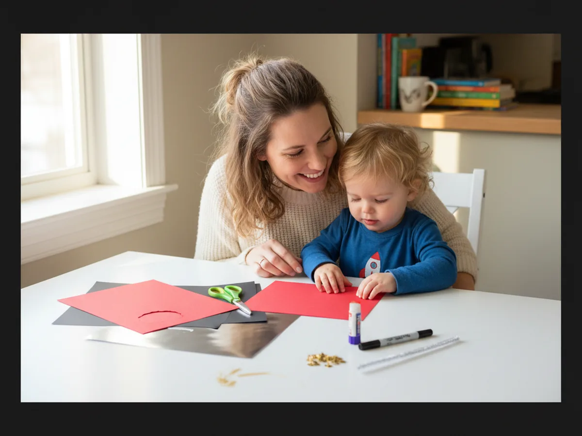 A mom and her young child sitting together at a craft table with bright red and yellow cardstock, kid scissors, a glue stick, a black marker, brass paper fasteners, and a silver pipe cleaner, smiling and getting ready to start a radio paper craft together