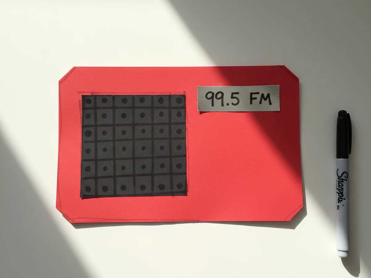 The red radio body with the black speaker grille on the left and a shiny silver metallic rectangle now glued on the top right, with the pretend frequency number 99.5 FM written across the silver display in black marker