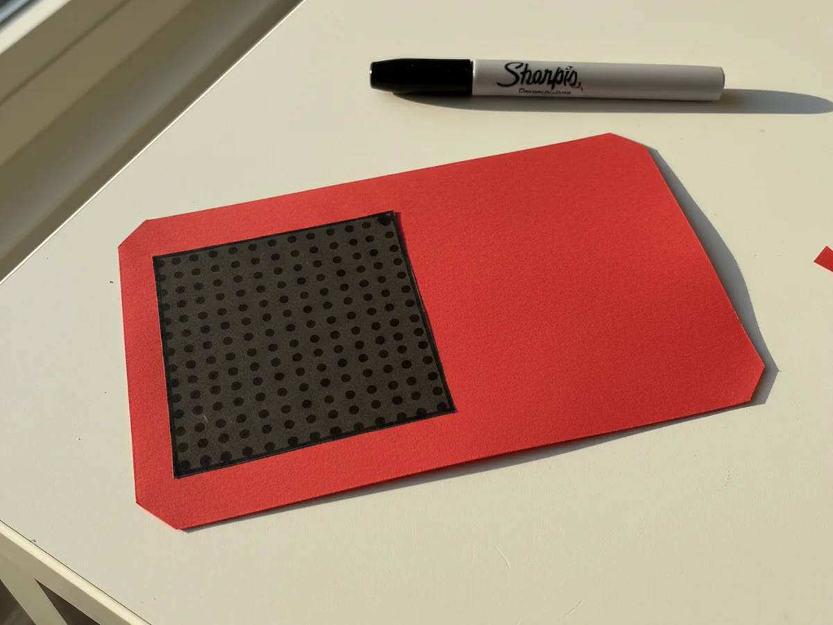 The red cardstock radio body now with the black cardstock speaker square glued onto the left side, covered in a neat grid of small black marker dots to look like a real speaker grille, lying flat on a craft table