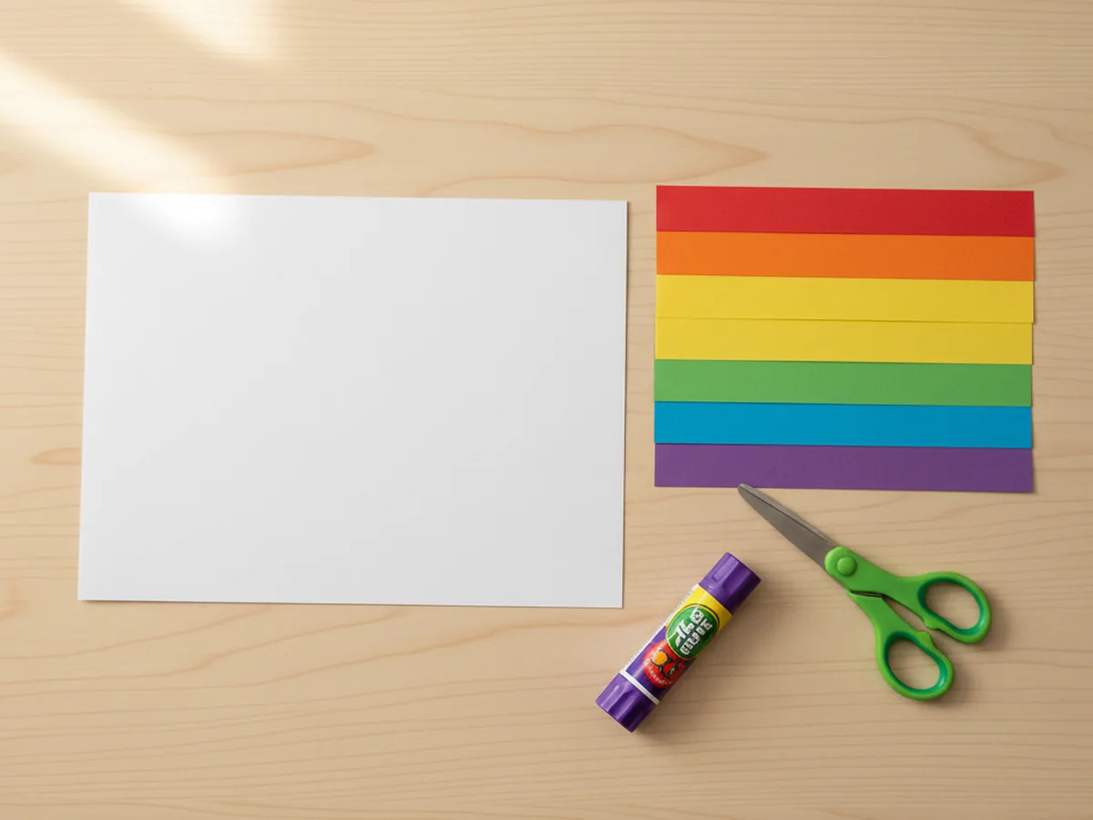 A blank white cardstock rectangle laid out in landscape orientation on a craft table next to the six colorful rainbow paper strips ready to be glued for the rainbow paper craft