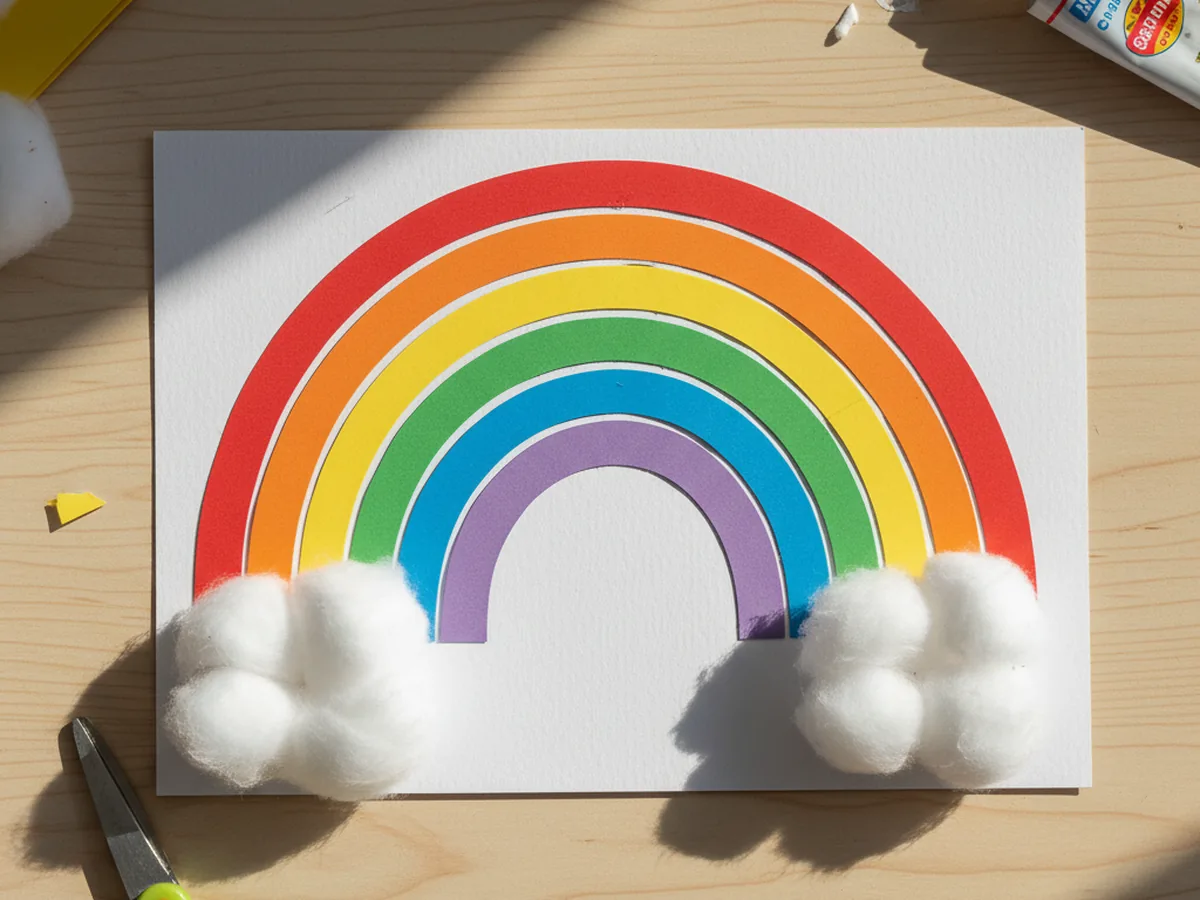 A rainbow paper craft with two fluffy white cotton ball clouds glued at the bottom-left and bottom-right ends of the rainbow arch where the colored strips meet the white cardstock base