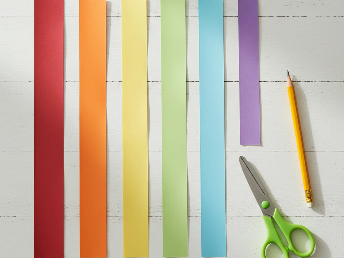 Six freshly cut construction paper strips in red, orange, yellow, green, blue, and purple laid out in rainbow order on a white craft table next to scissors and a pencil