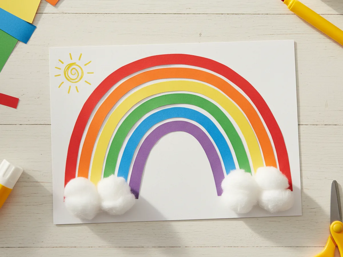 The finished rainbow paper craft displayed on a craft table with a colorful arched rainbow, two fluffy cotton ball clouds at the ends, and a small yellow marker sun added in the corner