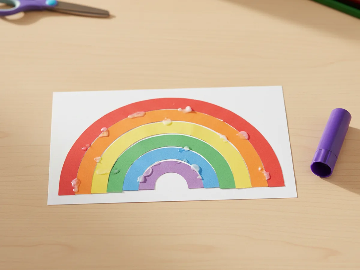 A complete rainbow arch made from six paper strips in red, orange, yellow, green, blue, and purple all glued in nested arches across a white cardstock base on a craft table