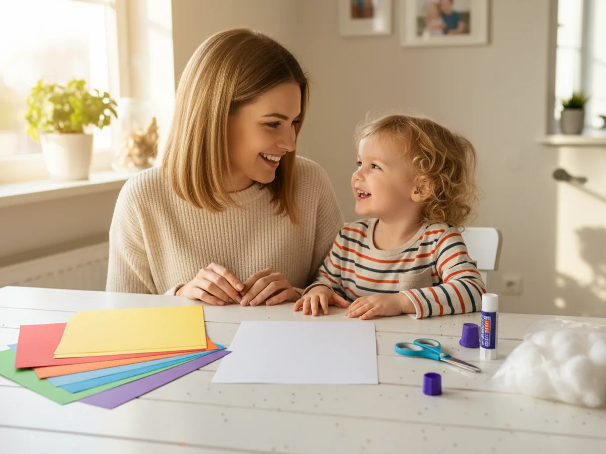 A mom and a young child sitting at a craft table with rainbow colored construction paper, scissors, glue, and cotton balls getting ready to make a rainbow paper craft together