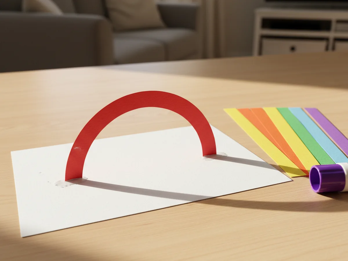 A red construction paper strip glued in a soft arch shape across a white cardstock base, with the other rainbow colored strips waiting beside it on a craft table