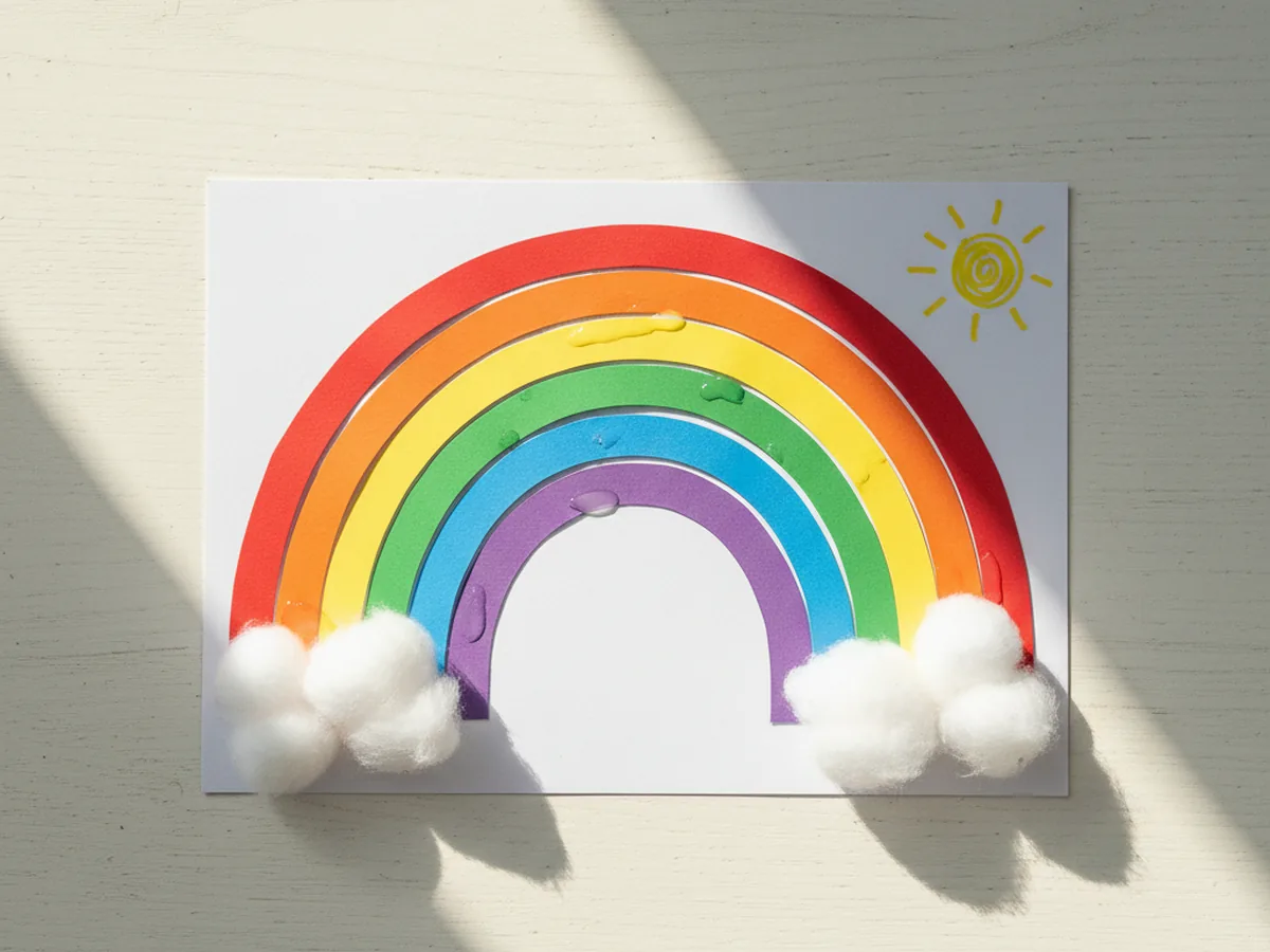 Finished rainbow paper craft made from six colorful construction paper strips arched over white cardstock with two fluffy cotton ball clouds at the ends