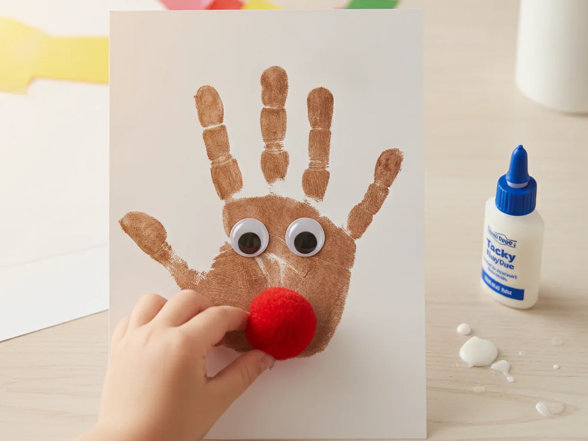 A child adding two googly eyes and gluing a red pom-pom nose onto the brown palm of a reindeer handprint craft