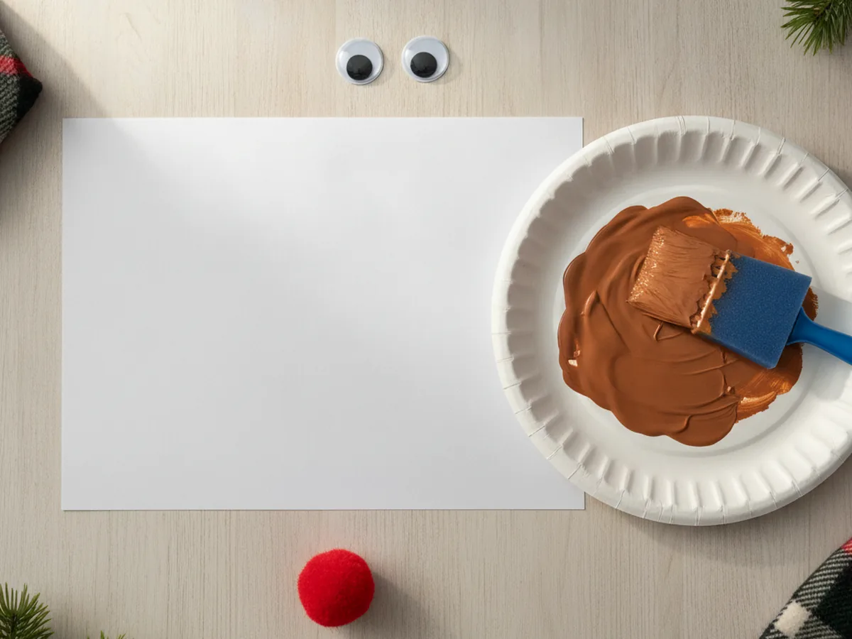A plate with a puddle of brown washable paint next to a blank sheet of cardstock, a foam brush, a red pom-pom, and googly eyes on a craft table