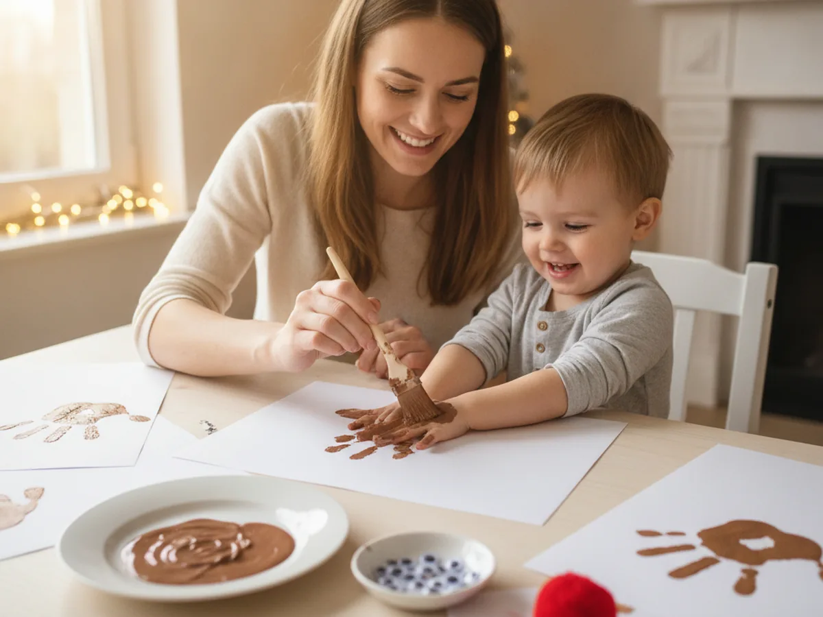 A mom and young child at a craft table painting the child's hand with brown washable paint to make a reindeer handprint craft