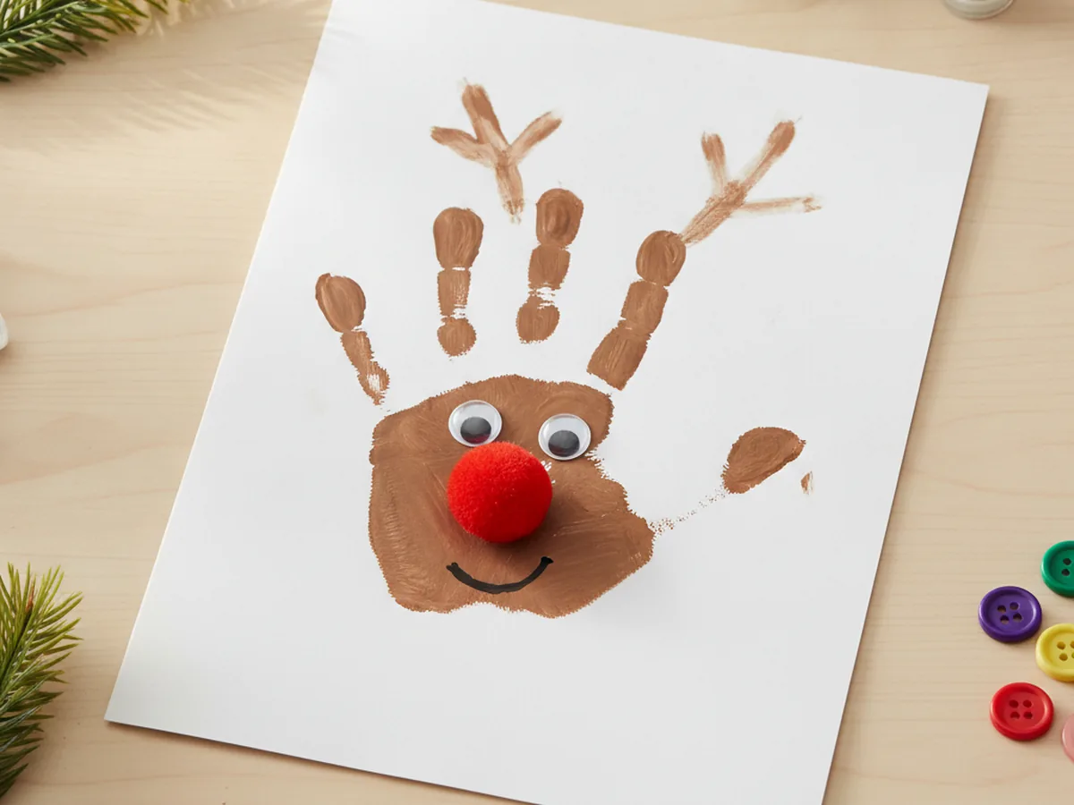 Finished reindeer handprint craft with a brown palm face, finger antlers, two googly eyes, and a red pom-pom Rudolph nose on a light wood table