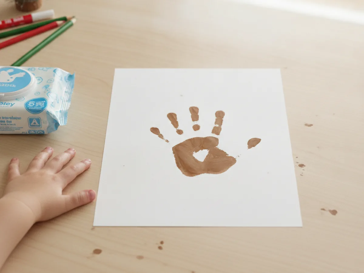 A drying brown reindeer handprint on cardstock with finger antlers next to baby wipes and a clean child's hand on a light wood craft table