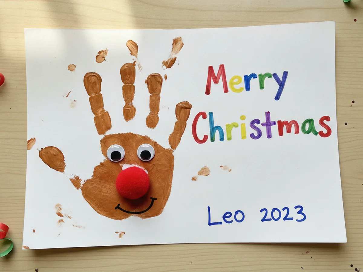 Finished reindeer handprint craft with googly eyes, a red pom-pom nose, a drawn smile, a Merry Christmas message, and a child's signature on cardstock