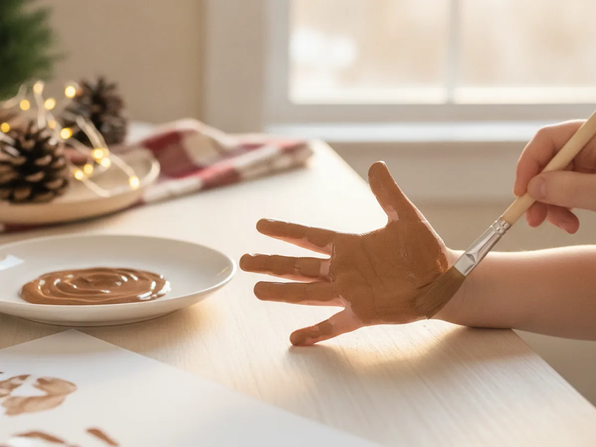 A foam brush spreading brown washable paint over a child's open hand for a reindeer handprint craft