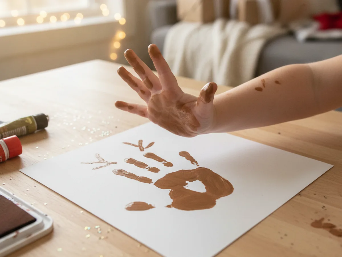 A child's brown painted hand pressing onto cardstock with fingers spread upward to form a reindeer face and antlers
