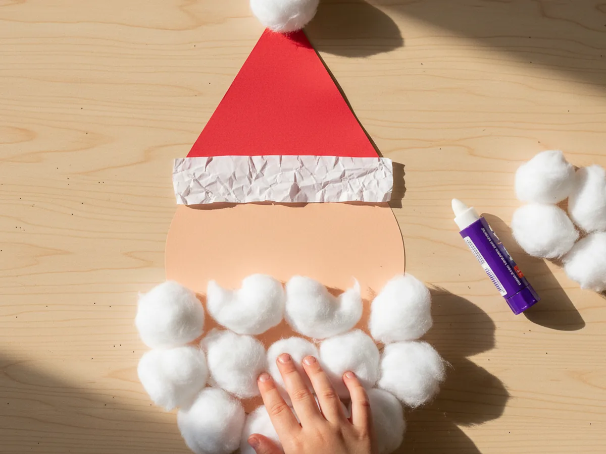 A child pressing fluffy white cotton balls in a U shape around the lower half of a Santa face circle to form a beard with two smaller cotton ball pieces curved as a mustache above the mouth area on a craft table