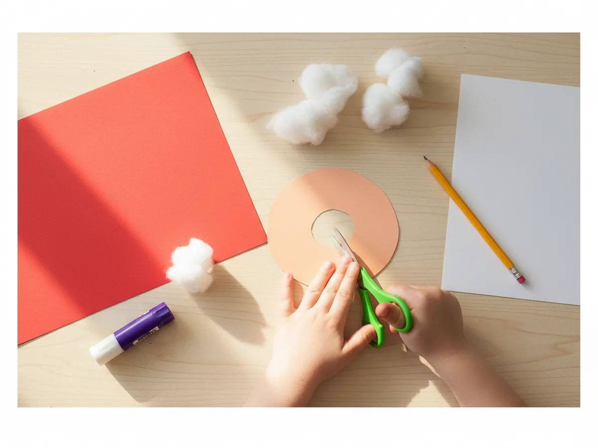 A child's hands cutting a round peach construction paper circle for the Santa face on a light wood craft table with red and white paper and scissors nearby