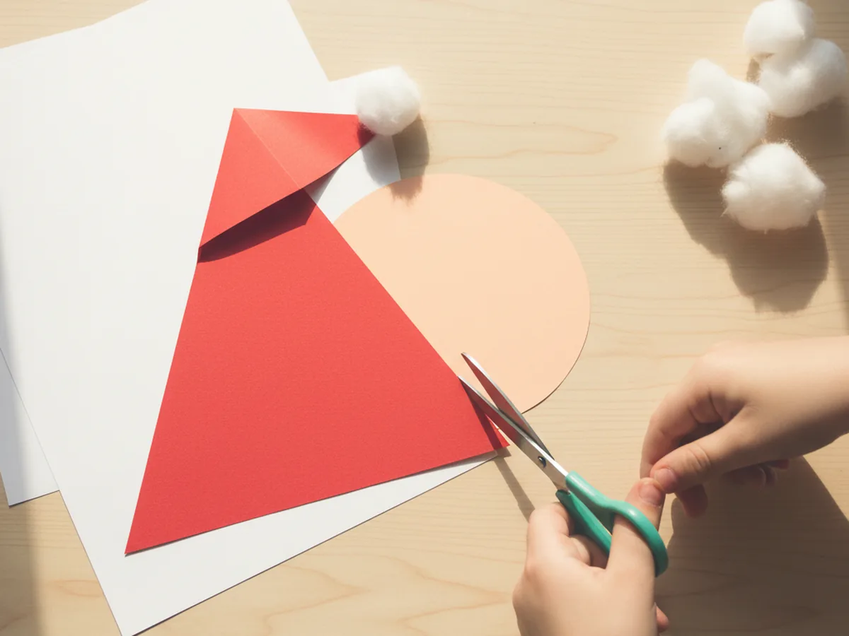A child cutting a wide red construction paper triangle for the Santa hat with the tip gently bent to one side, lying next to the peach face circle on a craft table