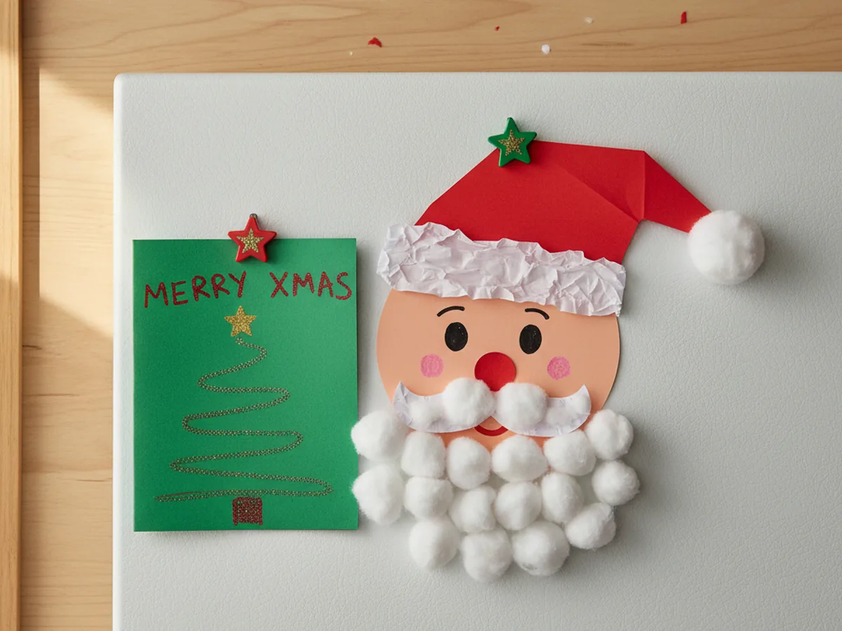 A finished handmade Santa Claus paper craft with a peach face, red hat with white trim and cotton pom pom, fluffy white cotton beard and mustache, two round black eyes, a small red paper nose, and two pink cheek circles displayed on a fridge next to a homemade Christmas card