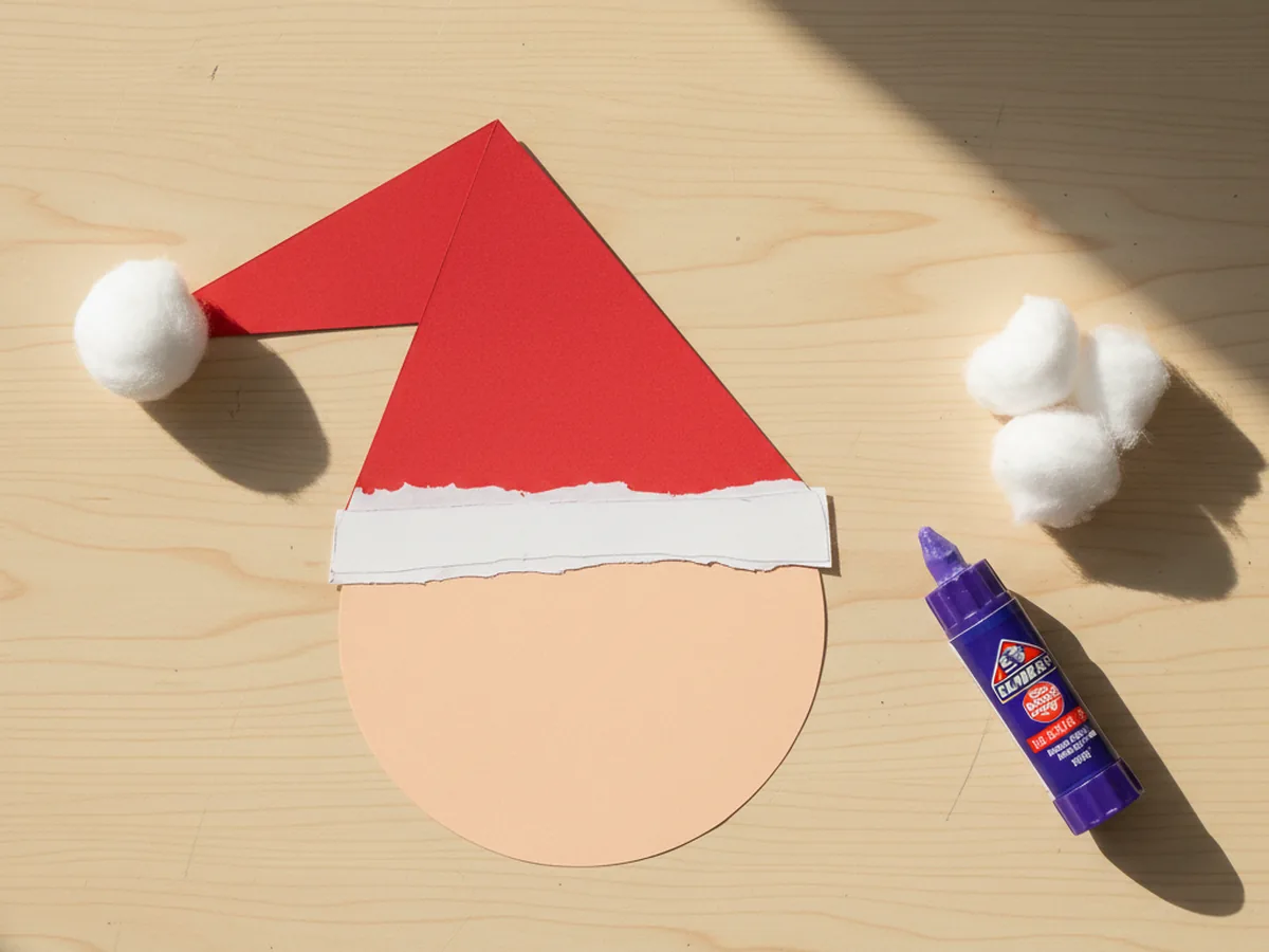 A child pressing a red Santa hat onto the top of a peach face circle with a white paper trim strip across the brim and a single white cotton ball pom pom glued to the bent tip of the hat on a craft table with a purple glue stick beside it