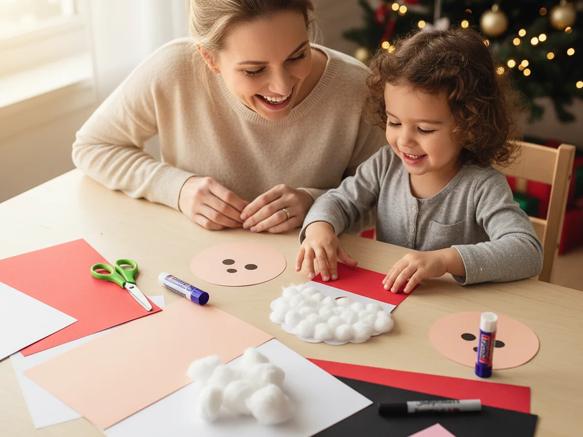 A mom and young child sitting together at a craft table with red, white, and peach construction paper, cotton balls, kid scissors, a glue stick, and a black marker getting ready to make a Santa Claus paper craft