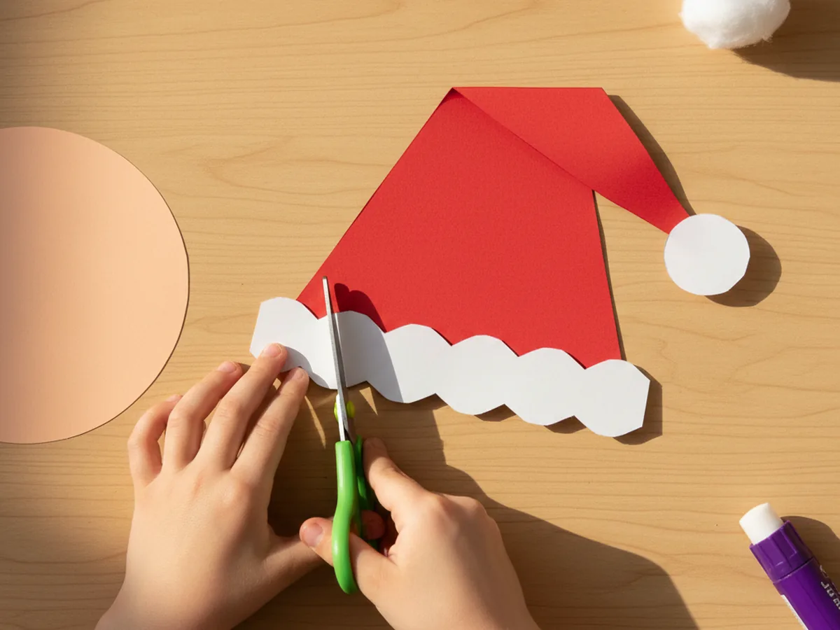 A child cutting a long thin white paper strip for the Santa hat trim with a single white cotton ball set aside as the hat pom pom and the red hat and peach face circle nearby on a craft table